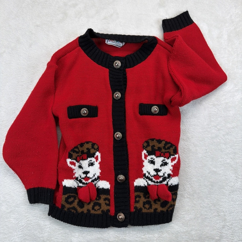 Jet Set Girls Terrier Dog Cardigan Sweater Red Vintage 90s Button Front 4T